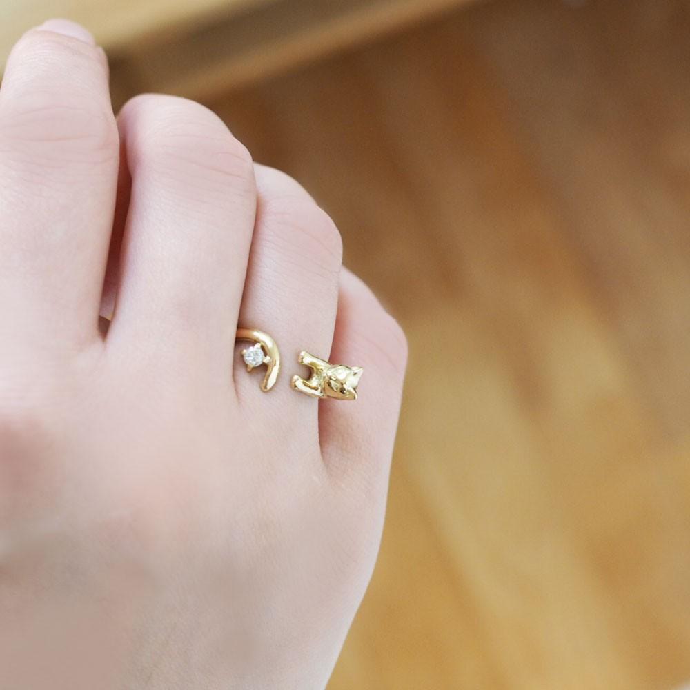 K18ダイヤモンドの金の猫リング(0.1ct) 15号 | 6枚目